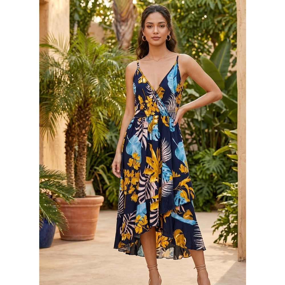 Cathy Tropical Floral Faux Wrap High Low Midi Dress New With Tags Navy Size S